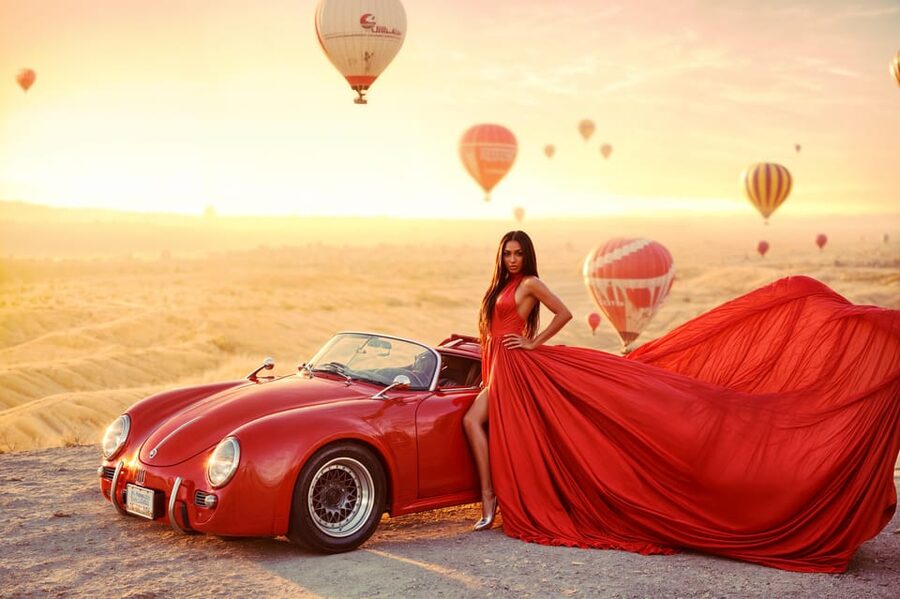 Cappadocia: Taking photo with Swing at hot air balloon view - The crane swing and flowing dress